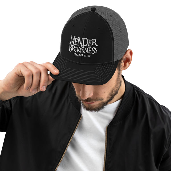 Mender of Brokenness - Embroidered Unisex Adjustable Snapback Trucker Hat - White Text