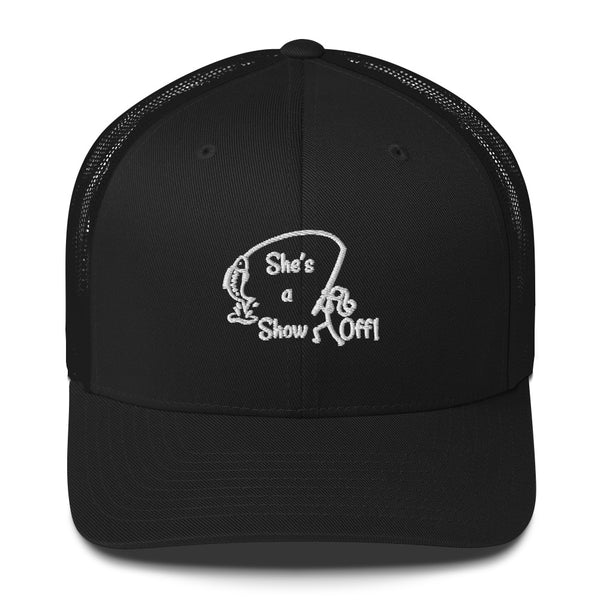 She's a Show Off, Retro Trucker Cap-White Embroidery