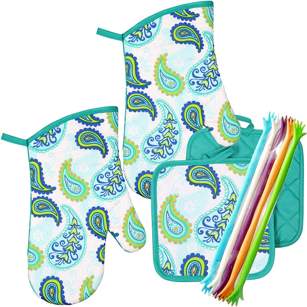 Kitchen Oven Mitt Pot Holder Set Kitchen Linens Oven Mitt Pot Holder Pack (Paisley Teal)