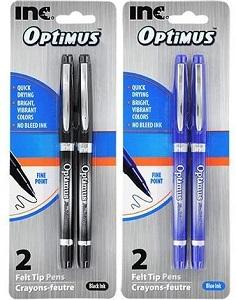 INC Optimus, 4 Felt Tip Fine Point Pens 2 Black/2 Blue - No Bleed