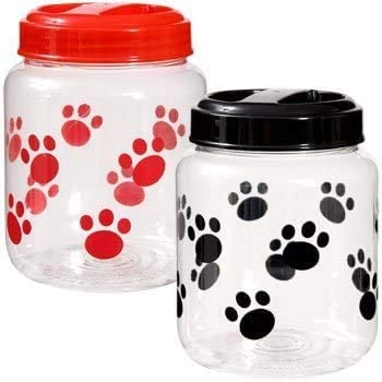 BPA-Free Plastic Airtight Pet Treat & Food Storage Containers Canisters Black & Red Paw Print (Set of 2)