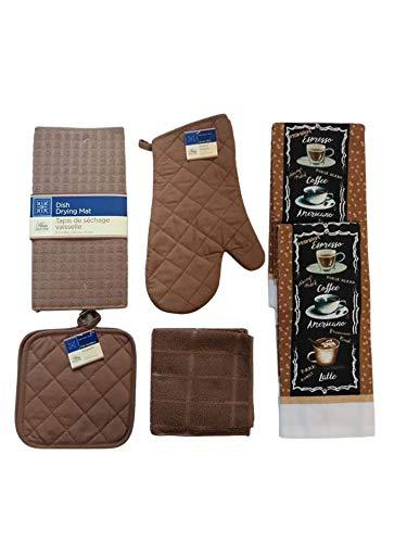 Coffee Themed Kitchen Linen Bundle - 8 pieces, towels, drying mat, oven mitt, potholders, dishcloths