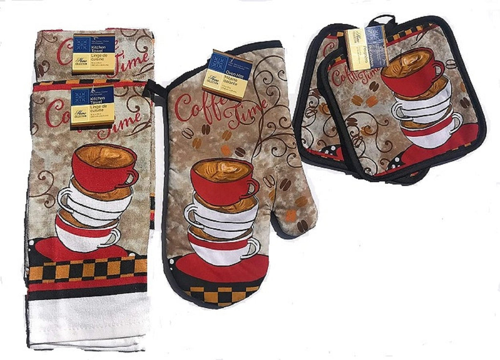 Home Collection 5-Piece Kitchen Set - 2 Towels, 2 Potholders, One Oven Mitt - Coffee Time Cups