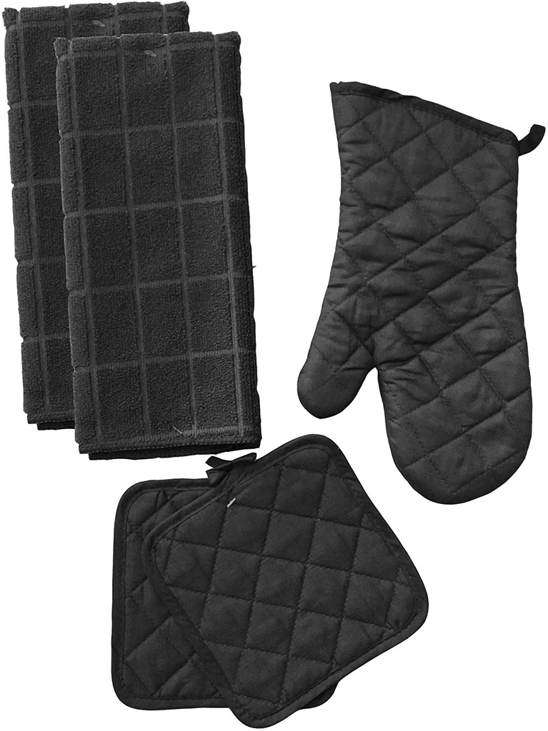 Kitchen Linen Set, Includes one Oven mitt, Two Pot Holders and Two Dish Towels (Grey)