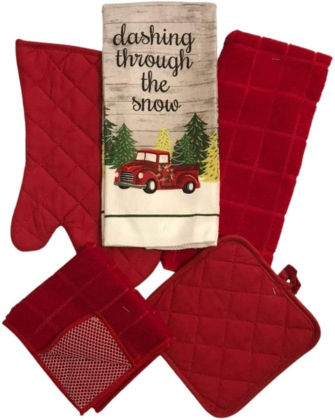 Red Holiday Kitchen Set 2 Towels 1 Oven Mitt 2 Scrubbers & 2 Pot Holders - 7pc Bundle (Red Dashing Thru The Snow)