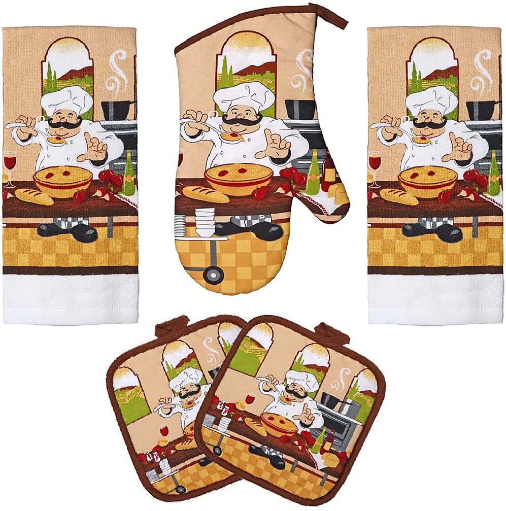 Kitchen Towel Set with 2 Quilted Pot Holders, Oven Mitt, Dish