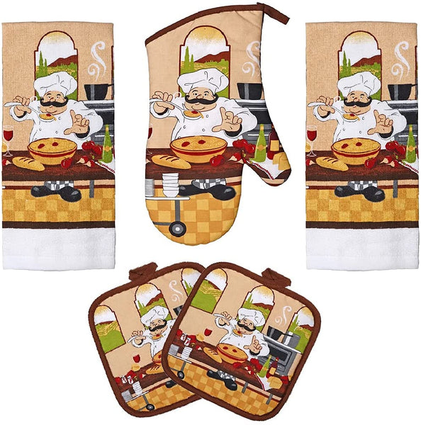 7 Piece Printed Kitchen Linen Set Includes 2 Towels 2 Pot Holders
