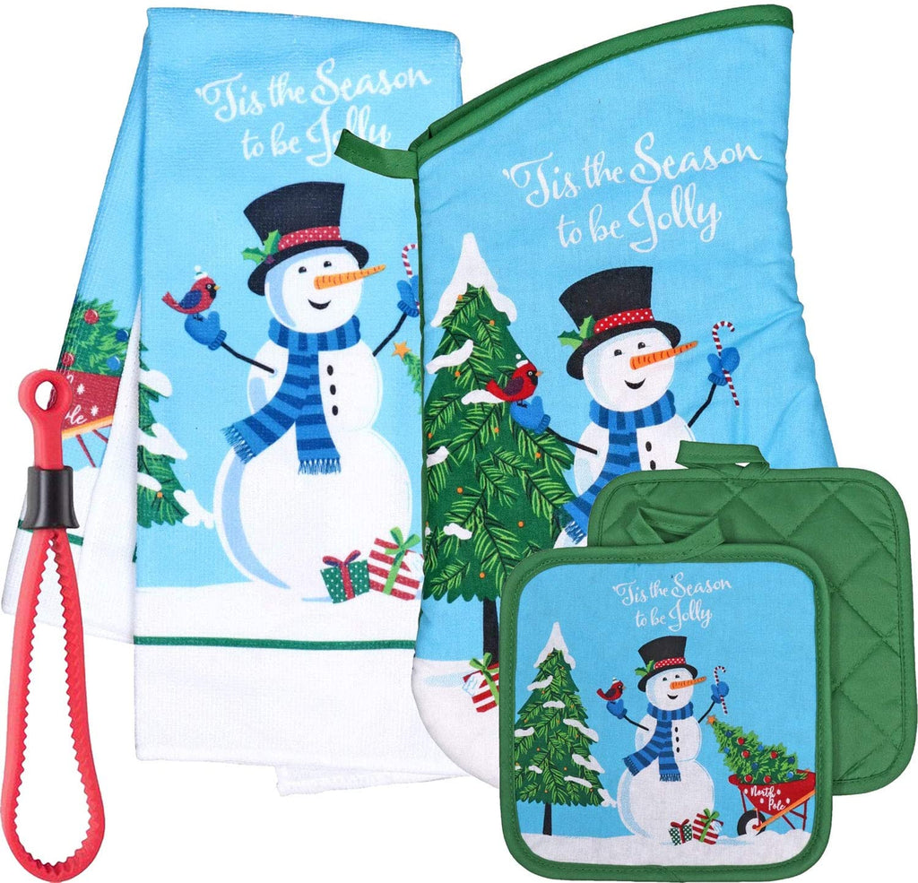 Tis The Season to be Jolly Snowman Kitchen Linen Set - Includes: One Oven Mitt, Two Pot Holders, Two Dish Towels