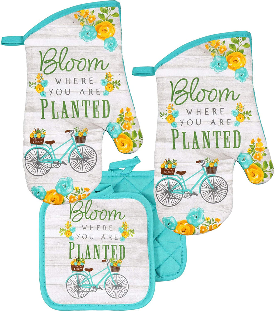 Bloom Where You are Planted Spring Flowers Kitchen Oven Mitt Pot Holder Set Kitchen Linens Oven Mitt Pot Holder Pack (Blue Flowers)
