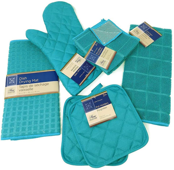 Kitchen Towel Set with 2 Quilted Pot Holders, Oven Mitt, Dish Towel, Dish Drying Mat, 2 Microfiber Scrubbing Dishcloths (Turquoise)