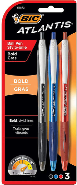 Atlantis Bold Ballpoint Pen, Bold Point (1.6mm), Assorted Colors, 3-Count